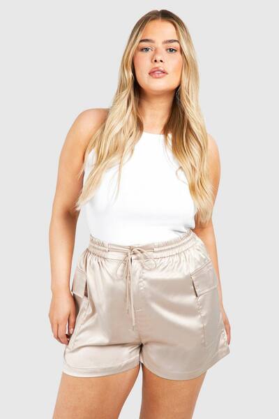  Boohoo Plus Satin Cargo Utility Shorts, Cream 