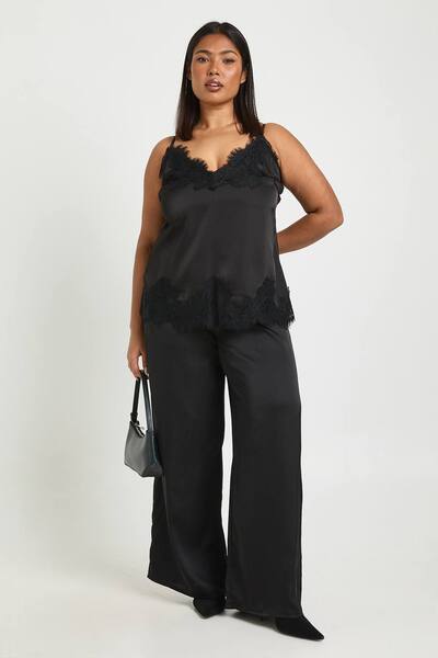  Boohoo Plus Satin Drawstring Waist Wide Leg Trouser, Black 