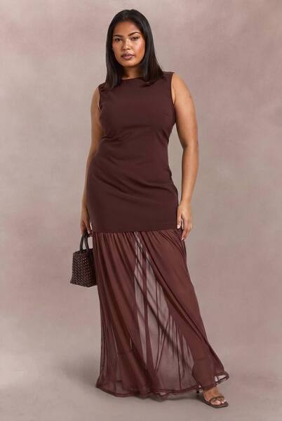  Boohoo Plus Sheer Hem Sleeveless Maxi Dress, Chocolate 