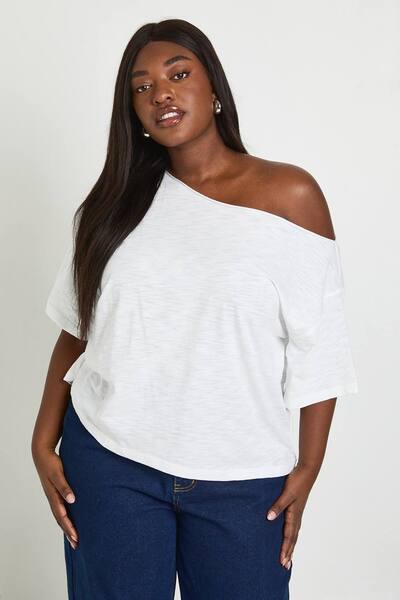  Boohoo Plus Sheer Slub Off The Shoulder Oversized T-shirt, White 