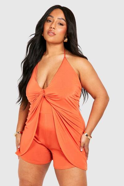  Boohoo Plus Slinky Knot Detail Strappy Playsuit, Rust 