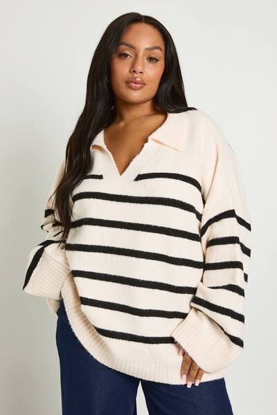  Boohoo Plus Soft Knot Collar Stripe Jumper, Ecru 