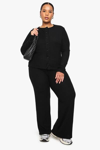  Boohoo Plus Soft Rib Cardigan Sweater And Elasticated Trouser Set, Black 
