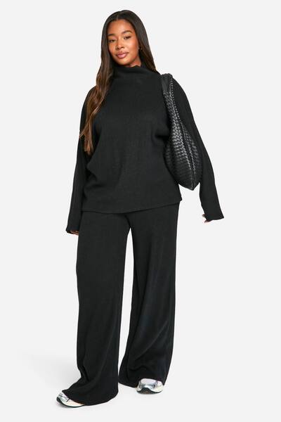  Boohoo Plus Soft Rib Slouchy Jumper & Wide Leg Trouser, Black 
