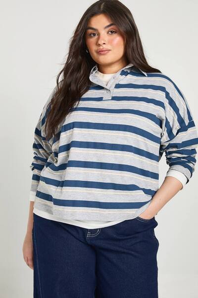  Boohoo Plus Stripe Collared T-shirt, Navy 