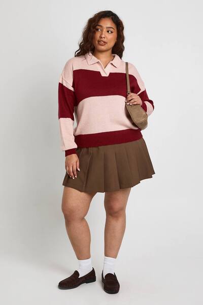  Boohoo Plus Stripe Rugby Knitted Jumper, Pink 