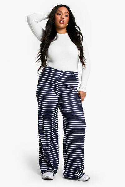  Boohoo Plus Stripe Wide Leg Trousers, Navy 