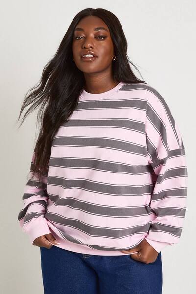  Boohoo Plus Striped Oversized Crew Neck Sweatshirt, Light Pink 