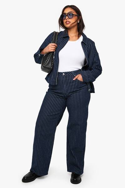  Boohoo Plus Striped Wide Leg Jean, Indigo 