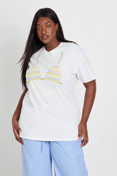  Boohoo Plus Stripey Bikini Print Oversized T-shirt, White 