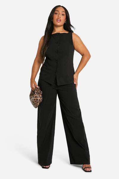  Boohoo Plus Super Stretch Fitted Long Line Waistcoat & Wide Leg Trousers, Black 