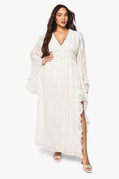  Boohoo Plus Textured Flare Sleeve Maxi Dress, Ivory 