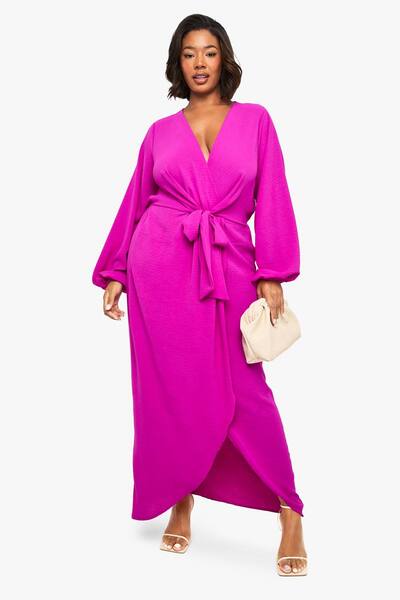  Boohoo Plus Textured Tie Detail Maxi Dress, Fuchsia 
