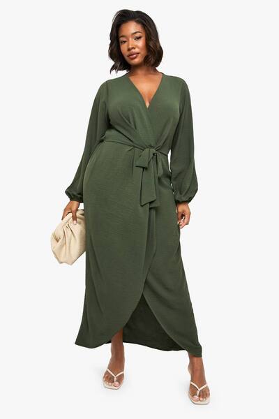  Boohoo Plus Textured Tie Detail Maxi Dress, Olive 