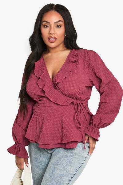  Boohoo Plus Textured Tie Detail Wrap Ruffle Blouse, Dusty Rose 