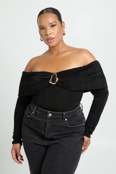 Boohoo Plus Trim Detail Bardot Bodysuit, Black 