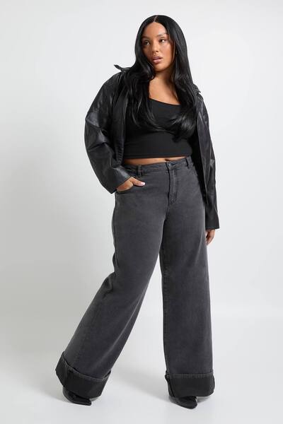  Boohoo Plus Turn Up Straight Leg Jean, Washed Black 