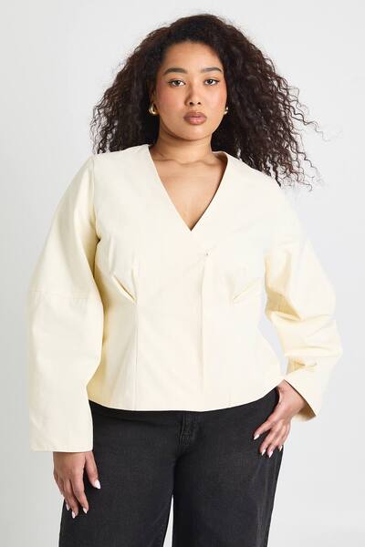  Boohoo Plus Twill Balloon Sleeve Ciniched Blazer, Ecru 