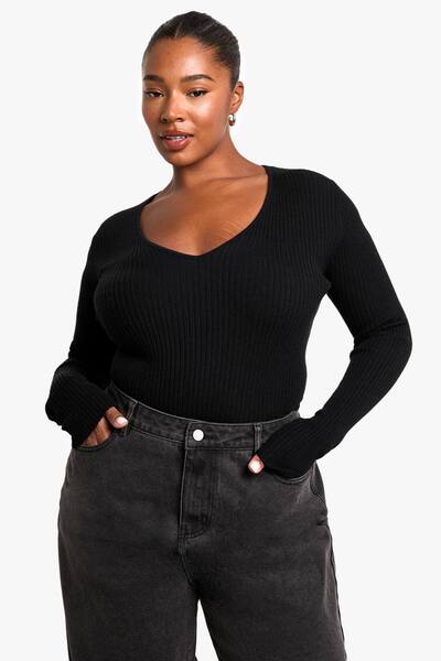  Boohoo Plus Twist Back Detail Rib Knit Top, Black 