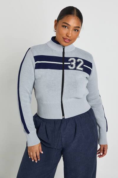  Boohoo Plus Varsity Zip Through Cardigan Sweater, Grey 