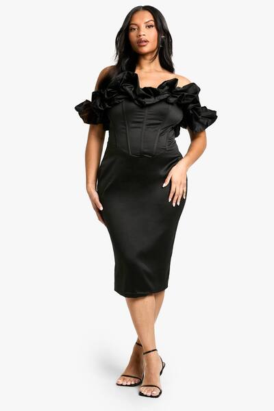  Boohoo Plus Volume Off The Shoulder Midi Dress, Black 