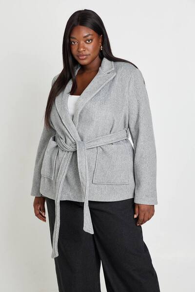  Boohoo Plus Wool Look Tie Belt Coat, Grey Marl 