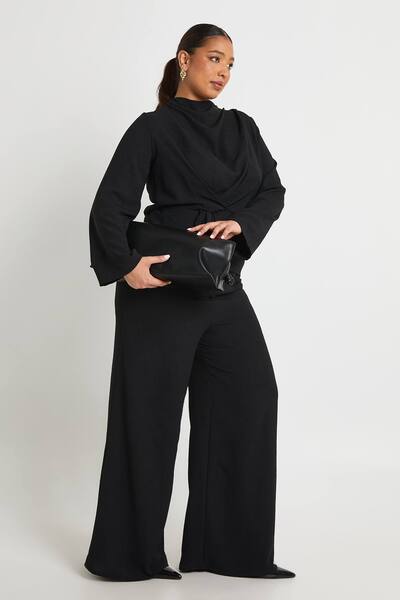  Boohoo Plus Woven Drape Long Sleeve Blouse & Trouser Co-ord, Black 