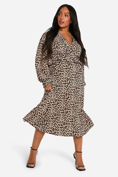  Boohoo Plus Woven Leopard Wrap Midi Dress 