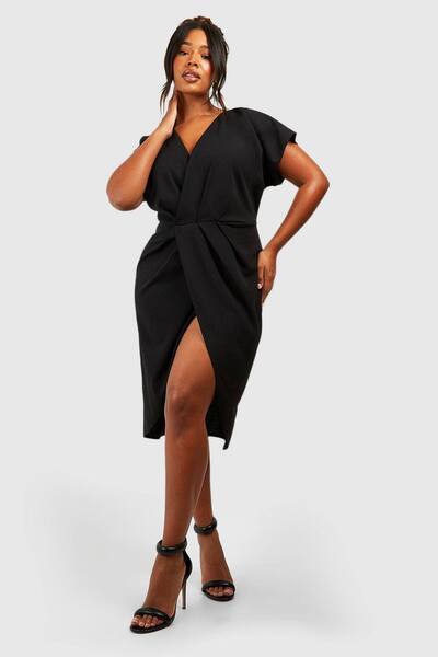  Boohoo Plus Wrap Front Midi Dress, Black 