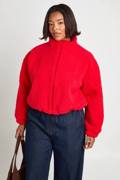 Boohoo Plus Zip Up Teddy Jacket, Red 