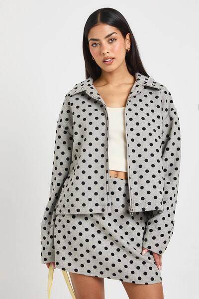  Boohoo Polka Dot Wool Look Collared Jacket, Grey 