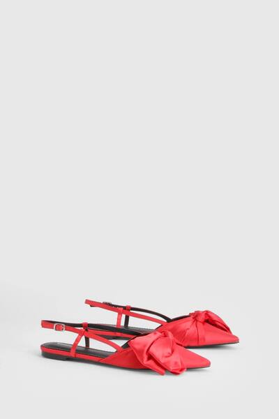  Boohoo Premium Bow Detail Pointed Flats, Burgundy 