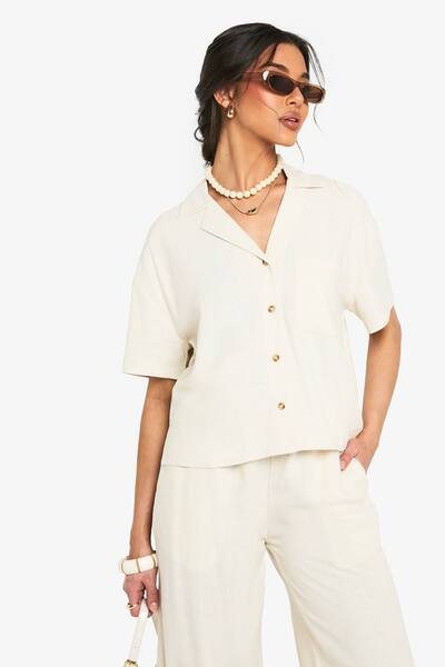  Boohoo Premium Linen Short Sleeve Shirt, Stone 
