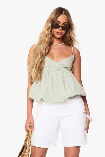  Boohoo Puffball Poplin Cami Top, Sage 