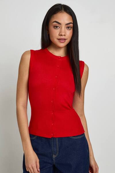  Boohoo Rib Knitted Button Through Cinched Hem Top, Red 