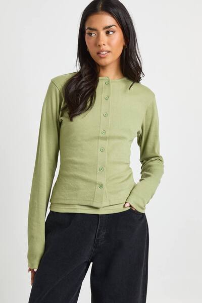  Boohoo Ribbed Double Layer Button Through Top, Olive 