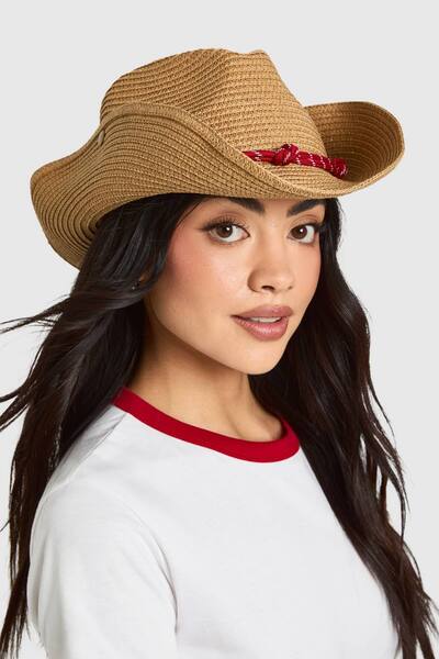  Boohoo Rope Detail Straw Cowboy Hat, Tan 