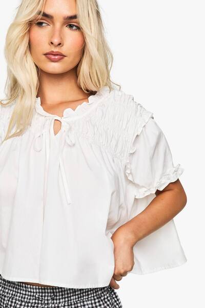  Boohoo Ruched Poplin Smock Top, White 