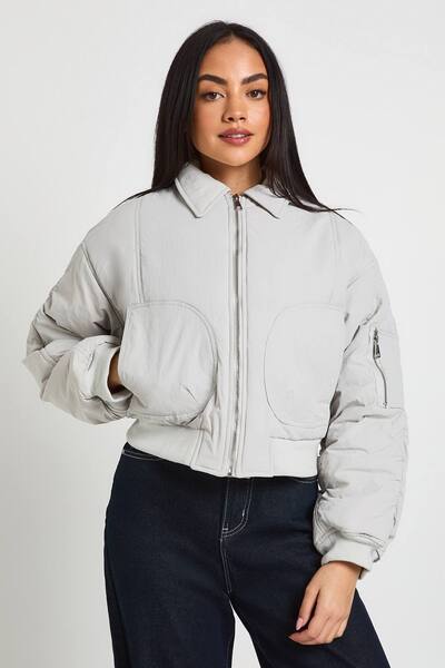  Boohoo Ruched Sleeve Bomber Jacket, Ice Grey 