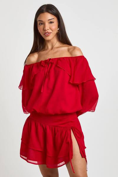  Boohoo Ruffle Chiffon Bardot Blouse, Red 