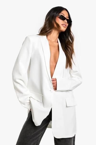  Boohoo Shoulder Pad Plunge Oversized Blazer, Ivory 