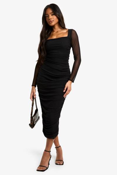  Boohoo Square Neck Ruched Mesh Midaxi Dress, Black 