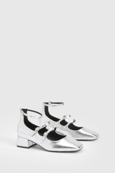  Boohoo Square Toe Triple Strap Mary Jane Shoes, Silver 