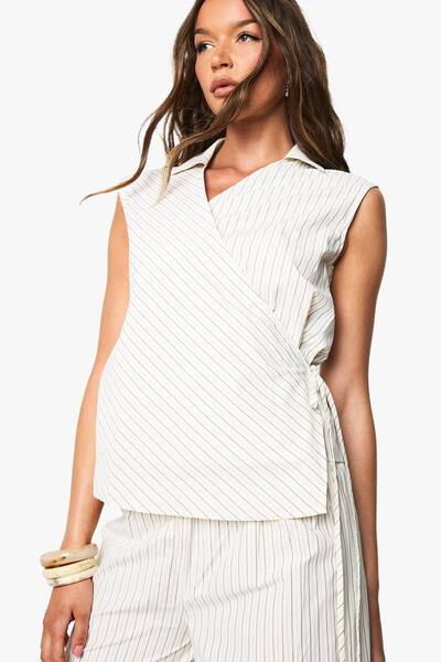  Boohoo Stripe Collared Wrap Shirt, Ecru 