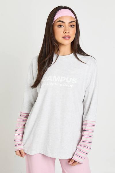  Boohoo Stripe Sleeve Double Layer Oversized Graphic T-shirt, Grey 