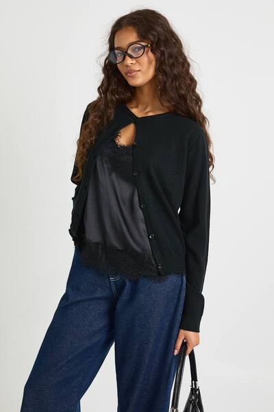  Boohoo Super Soft Lightweight Knitted Crew Neck Cardigan Sweater, Black 