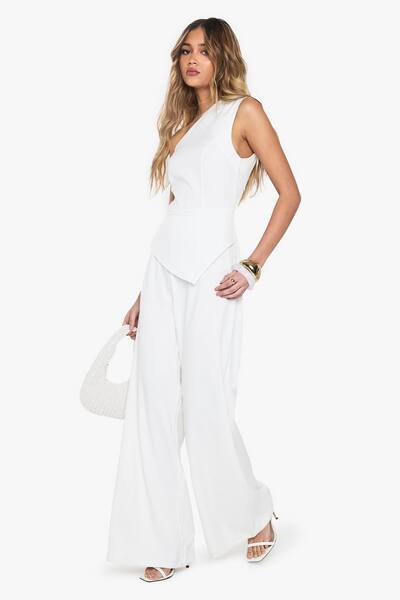  Boohoo Tailored One Shoulder Wide Leg Jumpsuit, Ivory 