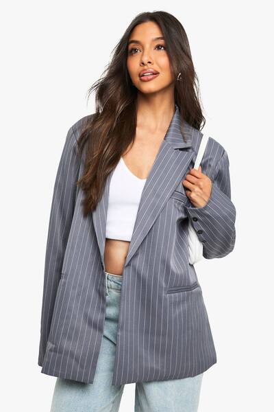  Boohoo Tailored Pinstripe Oversized Blazer, Slate Blue 