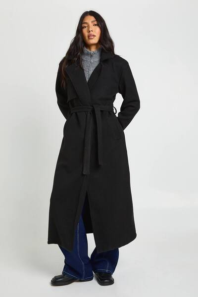  Boohoo Tall Belted Wool Look Trench, Black 