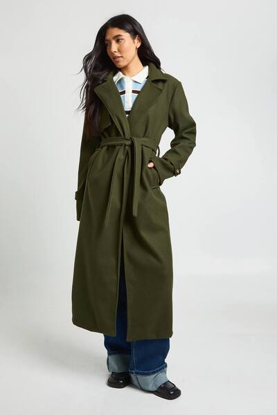  Boohoo Tall Belted Wool Look Trench, Khaki 